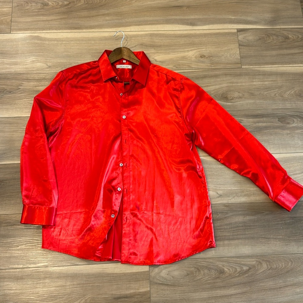 Men’s Vicalled Silk Button Up Dress Shirt - L - Red